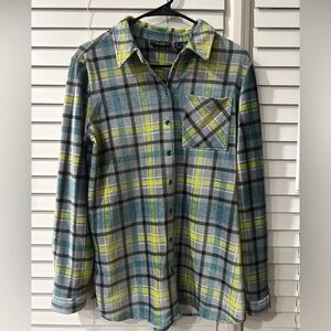 Susan Graver Weekend Plaid Button-Up Shirt in Gray, Green and Yellow💚💛Size Small